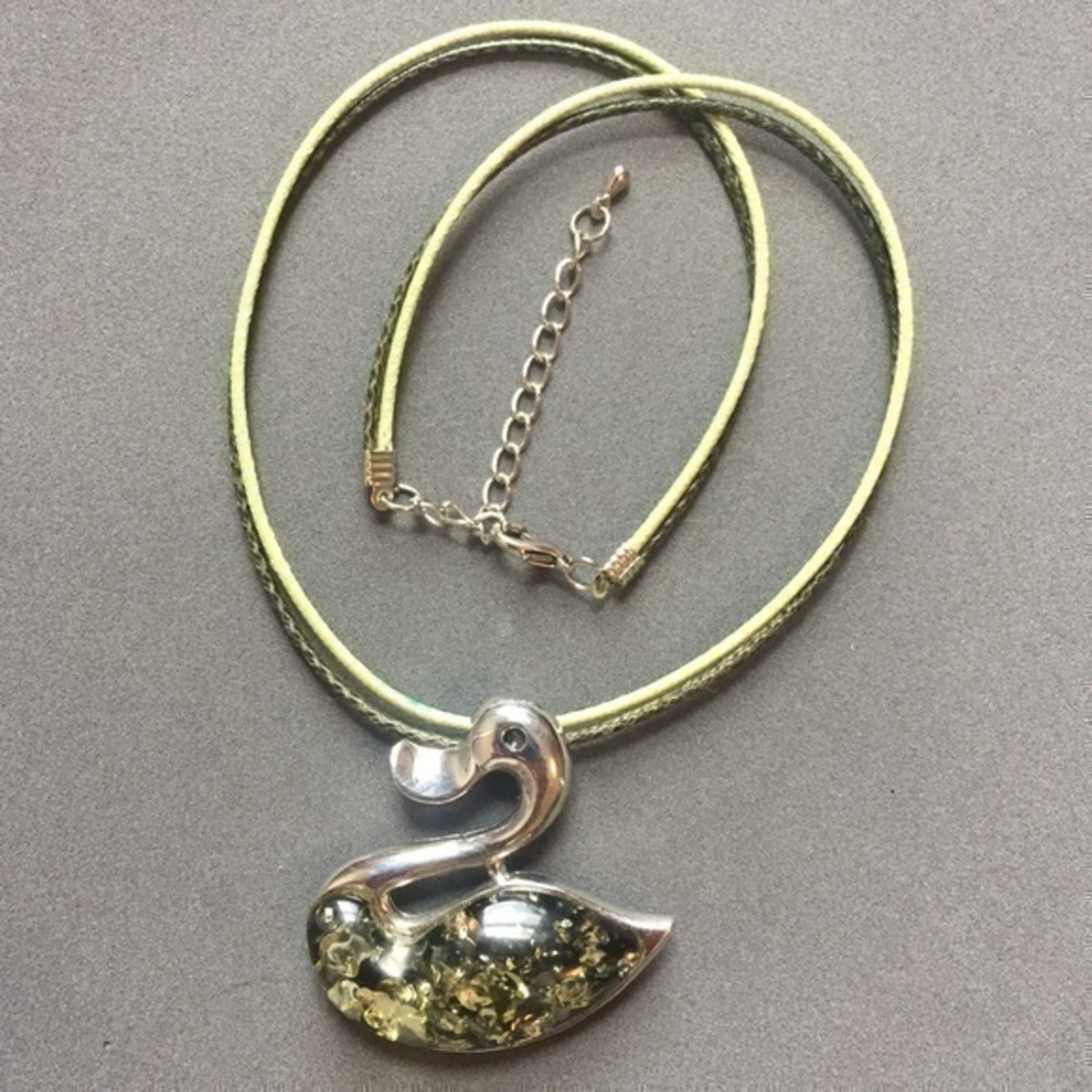Green Amber Style And Silver-tone Duck Pendent On Green Cord Necklace